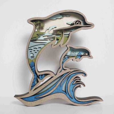 3D Dolphin Wooden Carving Handcraft Gift