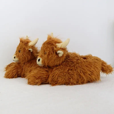 Highland Cow Slippers, Plush Scottish Cow Slippers