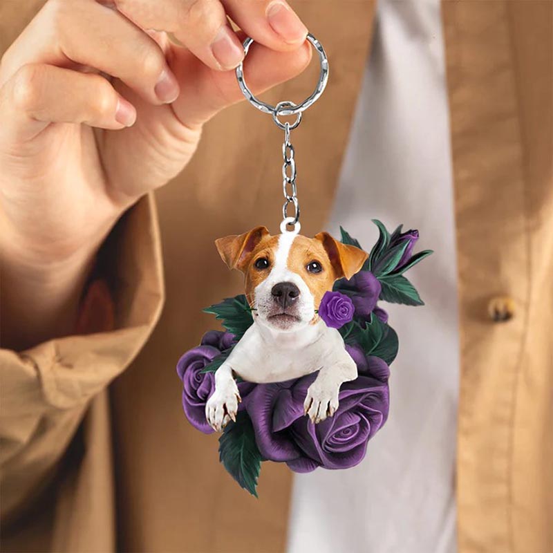 Jack Russell Terrier In Purple Rose Acrylic Keychain PR003