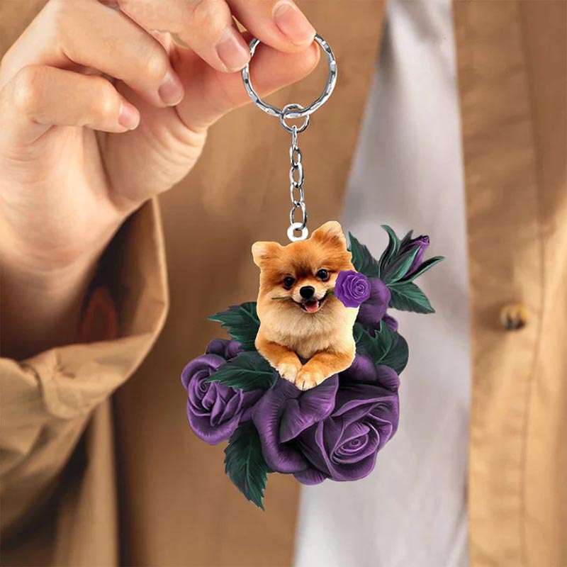 Pomeranian In Purple Rose Acrylic Keychain PR006